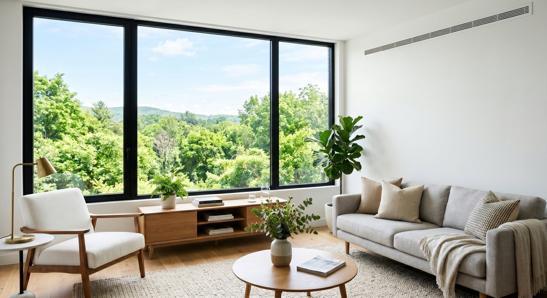 Pristine modern living room with clean air aesthetic
